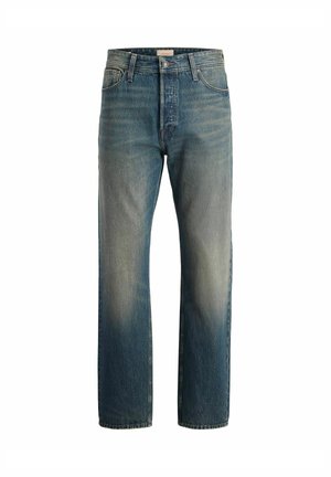 Blaue, ausgebleichte Straight-Leg-Jeans mit Knopf- und Reißverschluss, Vorder- und Hintertaschen, auf weißem Hintergrund präsentiert.