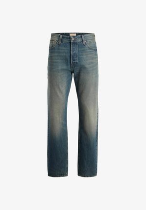 Blue faded straight-leg denim jeans with button and zip closure, front and back pockets, displayed on white background.