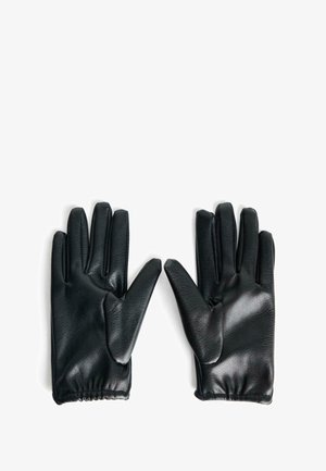 Schwarze Lederhandschuhe mit fünf Fingern, glatter Textur, elastischem Handgelenk und ohne sichtbare Hardware oder Muster. Handfläche nach oben positioniert.