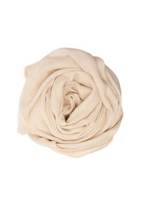Beige leichter Schal in kreisförmiger Form, strukturiertes Gewebe mit einem subtilen Karomuster, ordentlich zu einer Spirale gerollt.