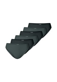 Vijf paar damesonderbroeken in verschillende tinten donker groen en zwart, met een soepele textuur, elastische tailleband en een logo-detail.