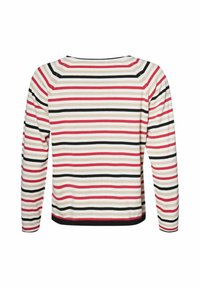 T-shirt à manches longues rayé avec des rayures horizontales en crème, rose, rouge et noir, doté d'un col arrondi et d'une texture côtelée.