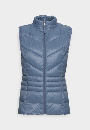 Chaleco acolchado sin mangas de color azul claro con cuello alto, cremallera frontal y patrón de rombos. Hecho de material suave y brillante.