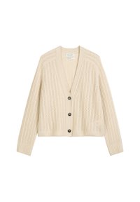 Cremefarbener Strickcardigan mit V-Ausschnitt, geripptem Muster, offener Vorderseite und drei schwarzen Knöpfen in der Mitte.
