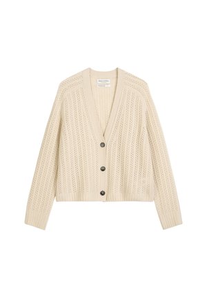 Cream-colored knitted cardigan with a v-neck, ribbed texture, open front, and three black buttons down the center.