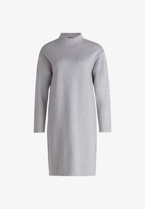 Szürke, hosszú ujjú ruha, puha anyagból, magas gallérral és laza szabással, a comb közepéig ér, minimalista dizájnnal, minta nélkül.