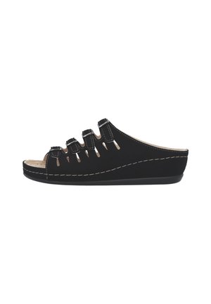 Schwarze offene Zehen Slip-On-Sandale mit vier verstellbaren Riemen mit Schnallen und sichtbaren weißen Nähten entlang der Sohle und der oberen Kante.