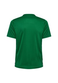 Zielona koszulka z krótkim rękawem i okrągłym dekoltem. Gładki, lekki materiał bez wzorów. Prosty krój z bocznymi rozcięciami u dołu.