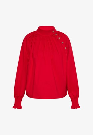 Rode blouse met lange mouwen en hoge kraag, voorzien van geraffineerde details en drie decoratieve knopen op de linkerschouder. Gegoten manchetten.