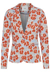 Blazer à motifs floraux sur fond bleu clair, avec des fleurs rouges et beiges. Design structuré avec des revers crantés et deux poches.