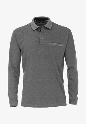Grå langærmet polo-shirt med krave, to-knaps lukning og en brystlomme med knap. Lavet af struktureret stof.