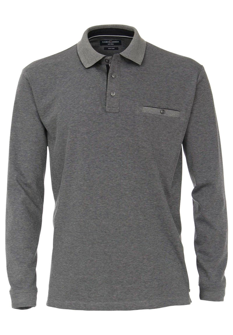 Graues Langarm-Polohemd mit Kragen, Zwei-Knopf-Blende und einer Brusttasche mit Knopf. Aus strukturierter Stoffqualität.