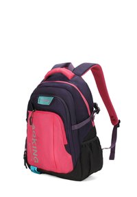 Zaino in blu navy e rosa, con spallacci imbottiti, numerose tasche con zip e un tessuto texture, con dettagli in rete e logo.