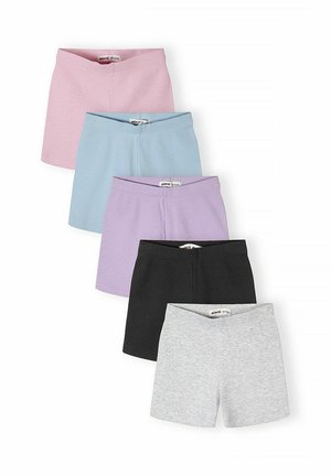 Pięć par prążkowanych szortów z dzianiny w kolorach różowym, niebieskim, lawendowym, czarnym i szarym, ułożonych pionowo na białym tle.