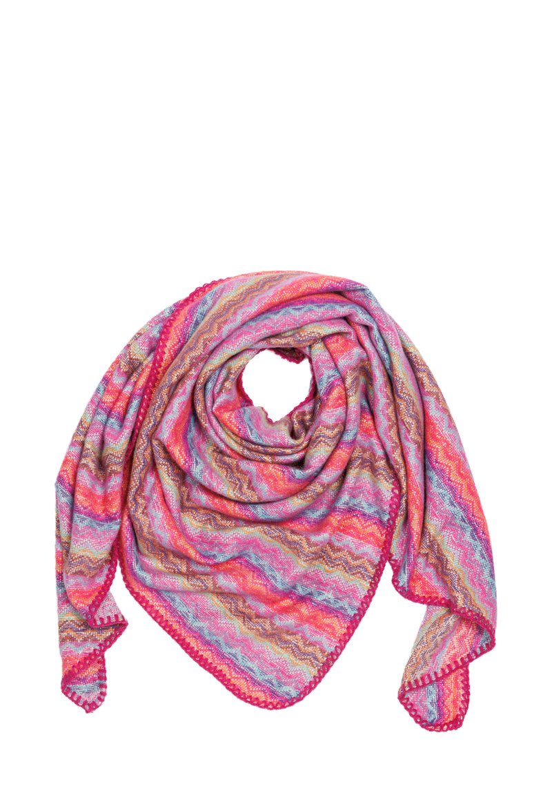Multicolored scarf featuring a zigzag pattern in pink, blue, and gold, with scalloped edges and a soft, textured fabric.
