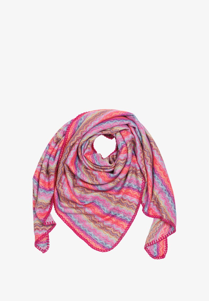 Multicolored scarf featuring a zigzag pattern in pink, blue, and gold, with scalloped edges and a soft, textured fabric.
