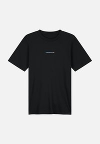 Black cotton t-shirt with a crew neck and short sleeves. Features a small multicolored "TOMORROWLAND" text logo on the chest.