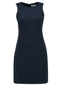 Granatowa sukienka bez rękawów z okrągłym dekoltem, dopasowanym górnym częścią i prostym krojem. Wykonana z gładkiej tkaniny z ukrytym zamkiem błyskawicznym z tyłu.