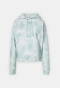 Felpa con cappuccio tie-dye azzurro chiaro, dotata di tasca a marsupio, cappuccio regolabile con lacci e logo ricamato. Tessuto morbido con polsini e orlo a costine.