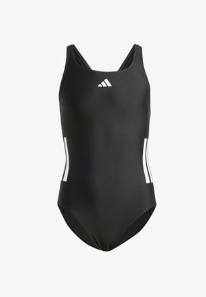 Costume da bagno intero nero con una texture liscia, caratterizzato da accenti bianchi a tre righe su ciascun lato e un piccolo logo sul petto.