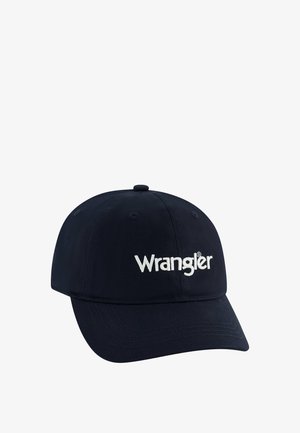 Marineblaue Baseballkappe mit gebogenem Schirm und weißem, gesticktem "Wrangler"-Logo auf der Vorderseite.