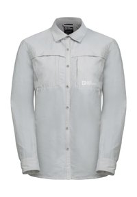 Hellgrau button-up Hemd aus atmungsaktivem Material, mit zwei Brusttaschen, langen Ärmeln und einem Kragen. Jack Wolfskin-Logo auf der Vorderseite.