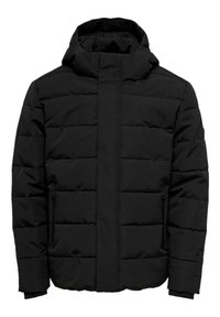 Black puffer jacket with a high collar, horizontal quilted texture, front zip closure, and two zippered side pockets.