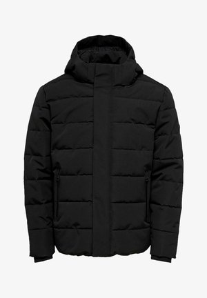 Giacca a vento nera con colletto alto, texture trapuntata orizzontale, chiusura frontale con zip e due tasche laterali con zip.