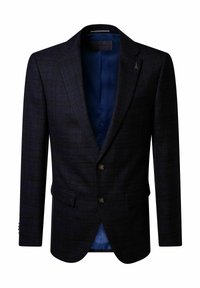 Dunkelblaues karierte Herren-Blazer mit Revers, zwei Knöpfen, vorderen Klappentaschen und einem glatten blauen Innenfutter.