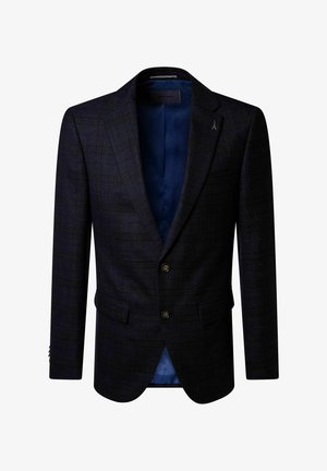 Dunkelblaues karierte Herren-Blazer mit Revers, zwei Knöpfen, vorderen Klappentaschen und einem glatten blauen Innenfutter.