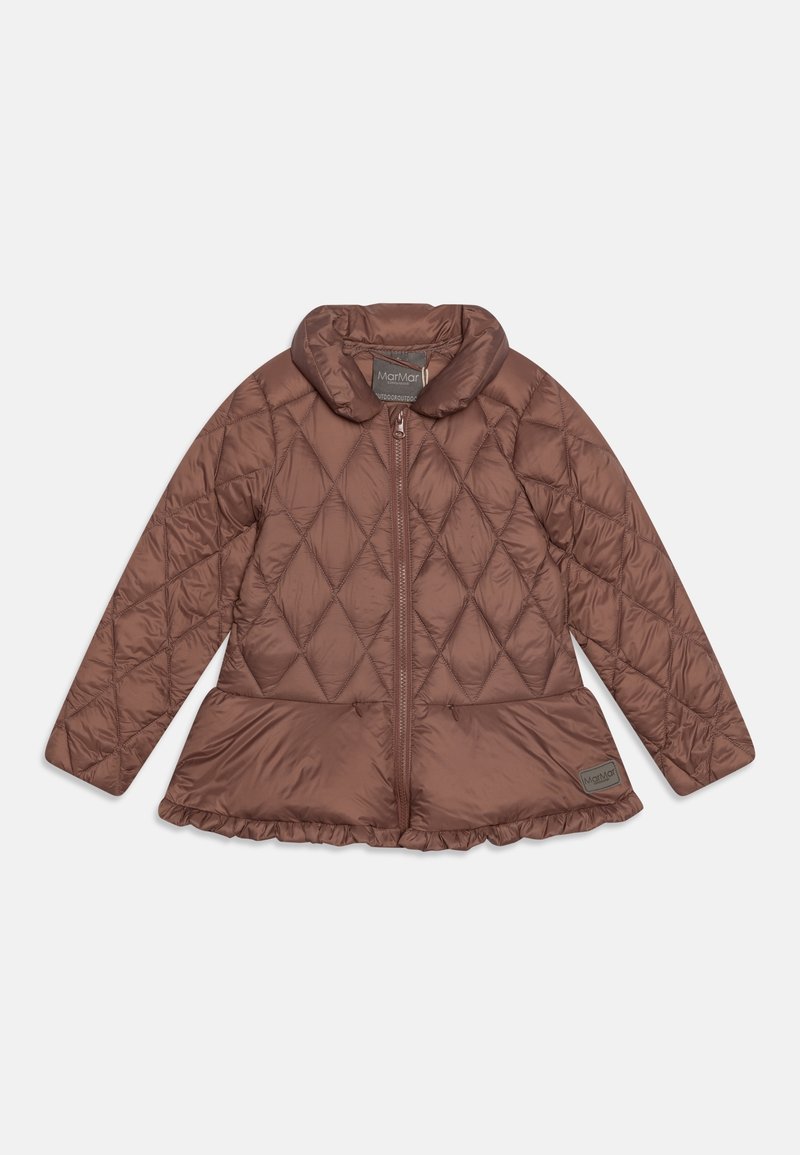 Veste enfant matelassée marron avec bas péplum, fermeture éclair devant et col arrondi, étiquette MarMar Copenhagen.