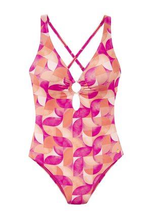One-piece swimsuit with pink, peach, and orange geometric pattern, front keyhole detail, and crossed thin shoulder straps.