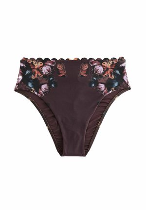 Dół bikini z wysokim stanem w ciemnobrązowym kolorze, z wielokolorowymi motylkowymi wzorami blisko talii i falistymi krawędziami u góry.