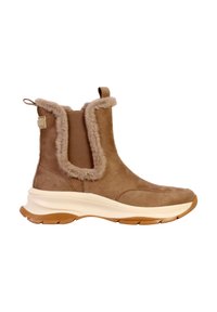 Bottines en daim marron avec bordure en fausse fourrure, panneaux latéraux élastiques et semelle épaisse blanche. Équipées d'une bride à tirage pour un enfilage facile.