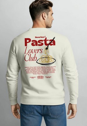Cream-colored sweatshirt featuring "Pasta Lovers Club" text and a fork graphic on the back, with an assortment of pasta names listed below.