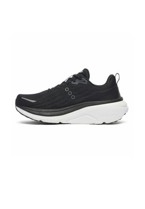 Scarpa da corsa leggera nera con mesh traspirante, suola bianca ammortizzata, design con lacci e linguetta sul tallone.