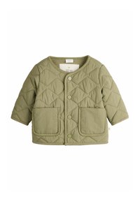 Gequiltete olivgrüne Jacke mit rundem Ausschnitt, Druckknopfverschluss, zwei Fronttaschen und strukturierter Rautenmuster.