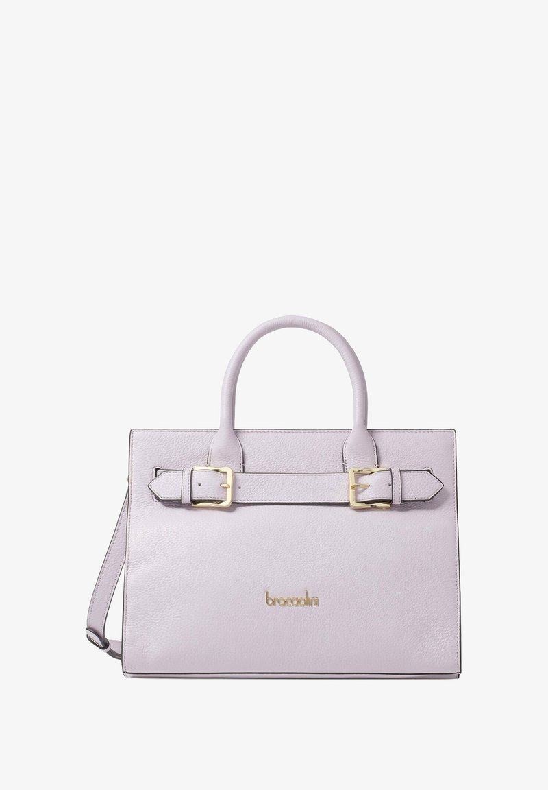 Lila leren handtas met gestructureerd ontwerp, dubbele handvatten, verstelbare schouderband, gouden hardware en subtiele merklogo aan de voorkant.