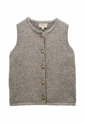 Gray sleeveless vest made of soft fabric featuring a round neckline and seven gold-tone buttons down the front. Simple hem detail.