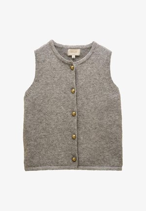 Gray sleeveless vest made of soft fabric featuring a round neckline and seven gold-tone buttons down the front. Simple hem detail.