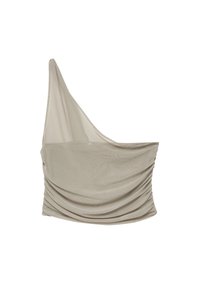 Top beige asimmetrico realizzato in tessuto leggero, con dettagli drappeggiati e una spallina. Texture liscia e silhouette morbida.