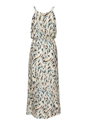 Robe maxi sans manches en tissu beige avec un motif abstrait coloré en bleu, marron et gris. Dotée d'une taille cintrée et de bretelles spaghetti.