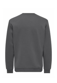 Sweat-shirt gris foncé uni à manches longues, présenté de dos, avec des poignets, un ourlet et un col côtelés, sur fond blanc.