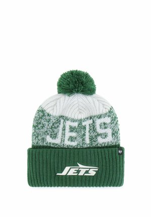 Green and white knit winter hat with pom-pom, featuring the word "JETS" knitted and a Jets logo patch on the folded cuff.