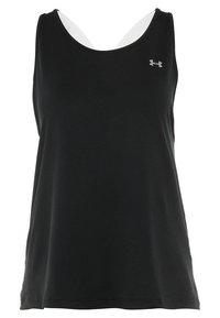Czarny, sportowy top bez rękawów z białą podszewką, okrągłym dekoltem i małym szarym logo Under Armour na górnej lewej części klatki piersiowej.