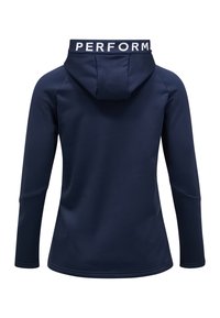 Navy long-sleeve hoodie made of smooth fabric, featuring a drawstring hood and "PERFORM" printed in white along the neckline.