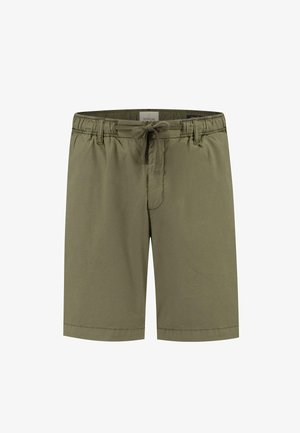 Olivengrønne shorts lavet af letvægtsstof, med elastisk talje og snøre, samt syede kanten detaljer.