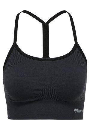 Czarny stanik sportowy z dekoltem w serek, z teksturowanym przodem, wąskimi ramiączkami i siateczkowym detalem z tyłu. Logo na taśmie.