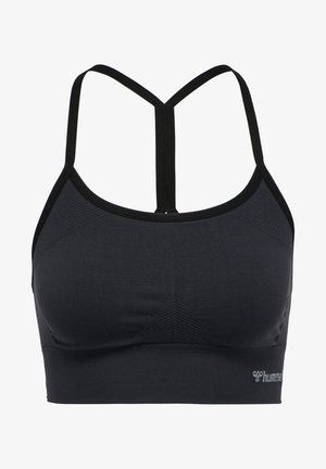 Reggiseno sportivo nero con design a V, dotato di una parte anteriore testurizzata, spalline sottili e un detalio in rete sul retro. Logo sulla fascia.