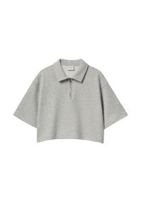 Šedý krátký pulovr s límcem na zip, krátké rukávy, z měkkého materiálu, s uvolněným střihem a minimalistickým designem.